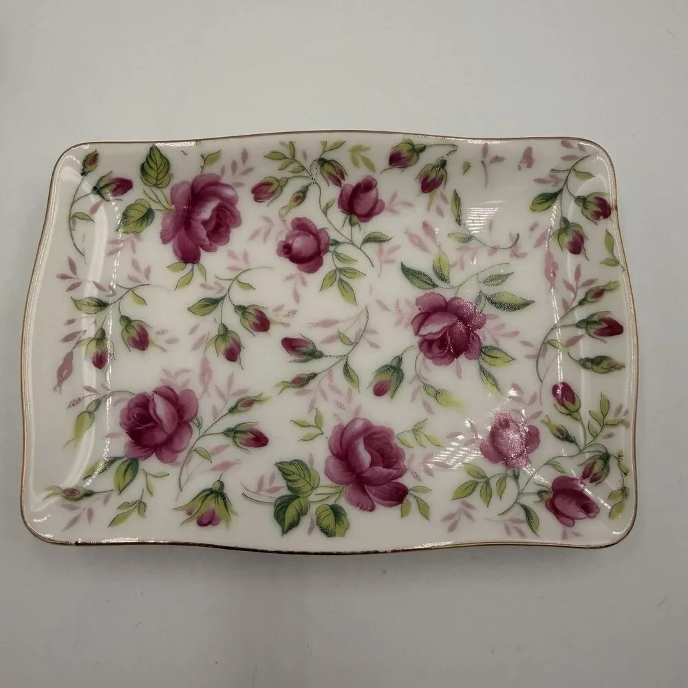 Lefton Rose Chintz Trinket Jewelry Box 2 Nesting Vintage Dishes Japan